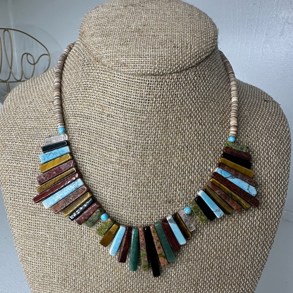 **SOLD**Boho Multicolor Shell Necklace – Natural Heishi Beads & Stone Slab Fan - Picture 2 of 5